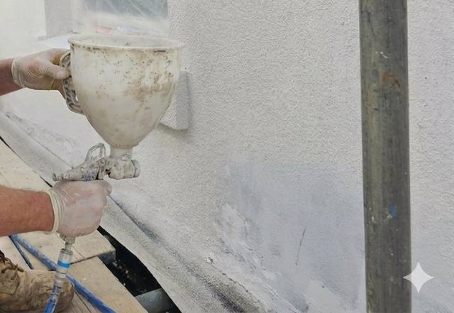 Spray cork render being applied