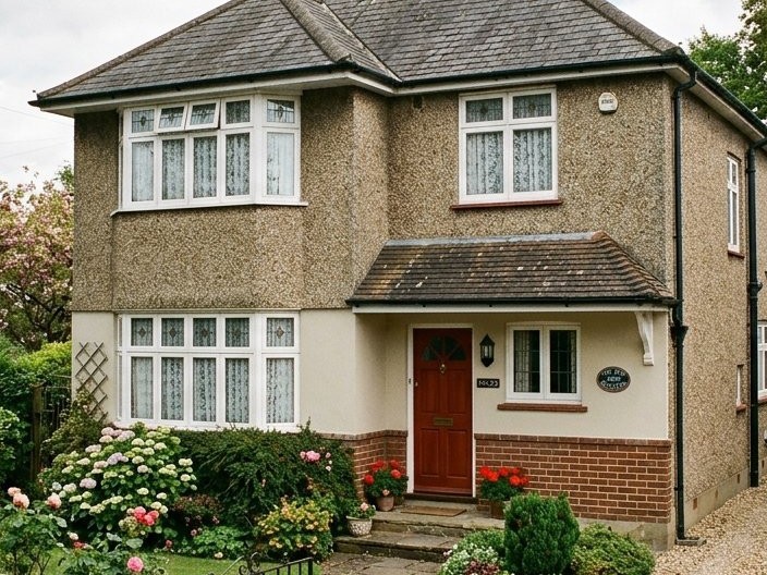 Pebbledashed UK home before removal and re-rendering